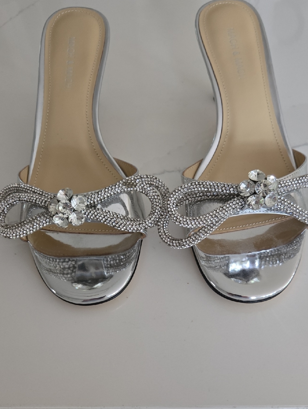 MACH & MACH Silver Crystal-Embellished Slide Mules